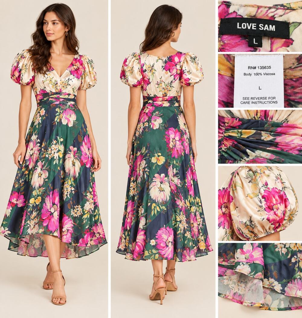 NWT Love Sam Floral Midi Dress L Puff Sleeve V Neck Anthropologie Boho Viscose
